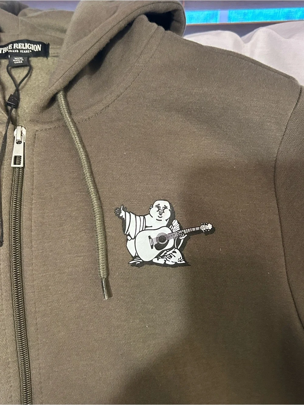 True Religion Men's Olive Zip-Up Hoodie with Subtle Chest Logo